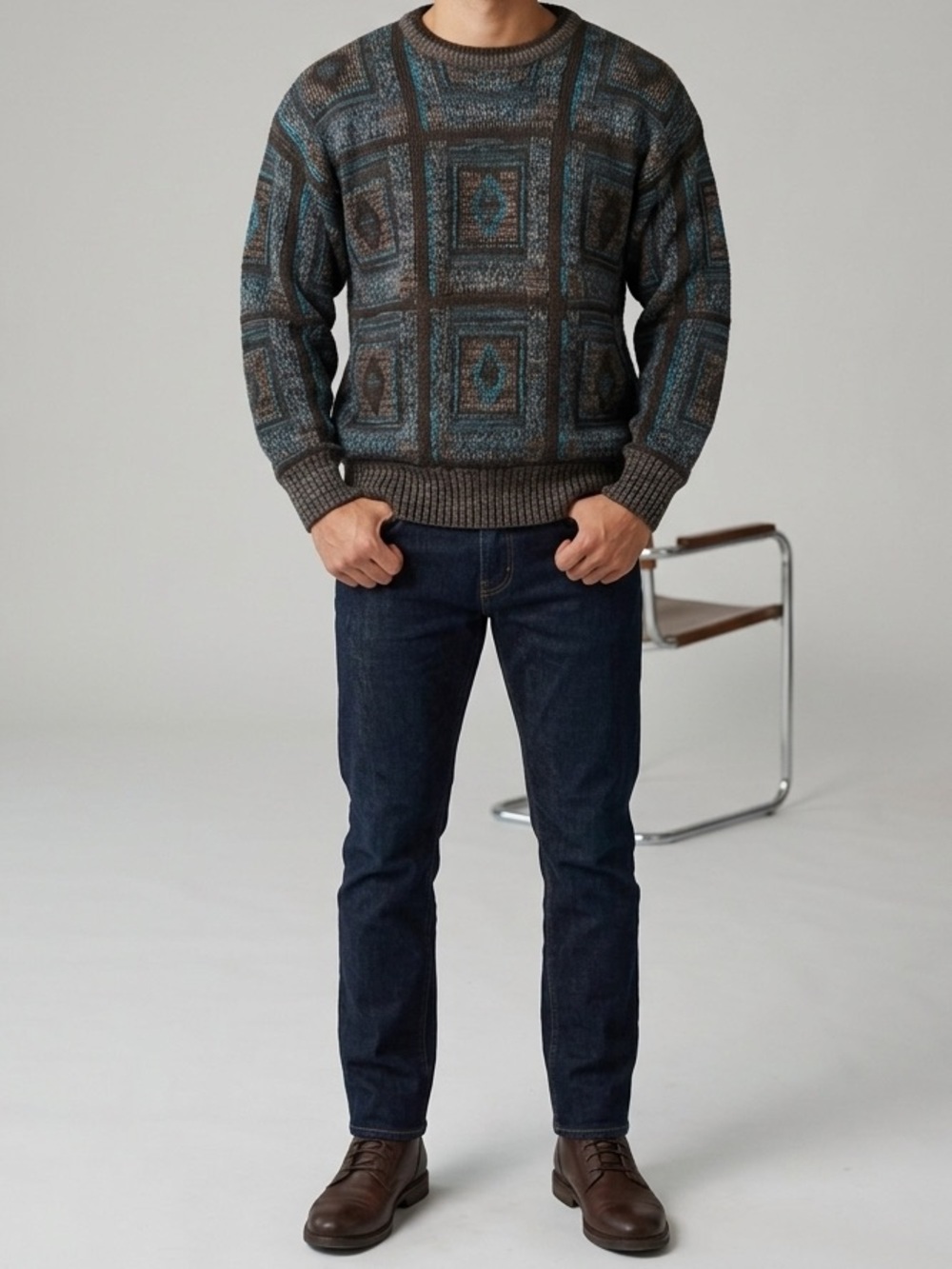 Barnaby Vintage Men's Geometric Pattern Crewneck Sweater - Gray & Teal